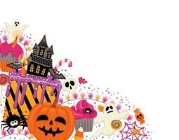 Halloween illustration. décoré petits gâteaux, muffins, des pâtisseries, bonbons des sucreries. vecteur modèle pour bannière, carte, affiche, la toile et autre utilisation