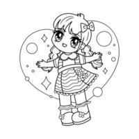 enfant coloration page personnage de jolie manga fille avec nattes dans une mignonne robe. vecteur