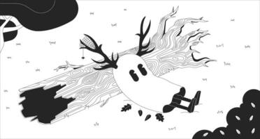 mignonne fantôme dans mélancolie l'automne forêt noir et blanc lofi fond d'écran. esprit avec cerf bois 2d contour personnage dessin animé plat illustration. déchue arbre tronc vecteur ligne lo Fi esthétique Contexte