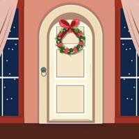 nuit Noël illustration avec une porte décoré avec une pin couronne et les fenêtres sur le la gauche et droite vecteur