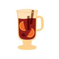 chaud Réchauffé du vin dans une verre avec Orange et cannelle. vecteur illustration