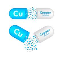 minéral cu cuivre bleu brillant pilule capsule icône. substance pour beauté. cuivre minéral complexe 4k vecteur