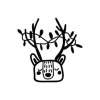 vecteur Célibataire clipart de une cerf visage avec une guirlande sur ses bois dans griffonnage style. noir et blanc image. Stock illustration.