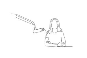 un continu ligne dessin de une femme est écoute à sa Podcast adversaire dire une récit vecteur