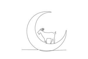 un continu ligne dessin de chèvre plus de lune eid Al adha concept vecteur