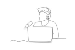 un continu ligne dessin de homme est écoute à une Podcast récit il a enregistré vecteur