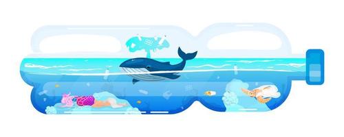 baleine et déchets dans l'icône de concept plat de bouteille en plastique. problème de pollution de l'environnement. animal marin et ordures dans l'autocollant d'eau de mer, clipart. illustration de dessin animé isolé sur fond blanc vecteur