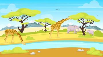 illustration vectorielle plane de conservation africaine. girafes et éléphants près de l'abreuvoir. rivière qui coule à travers la savane. paysage verdoyant. paysage panoramique. personnages de dessins animés d'animaux du sud vecteur