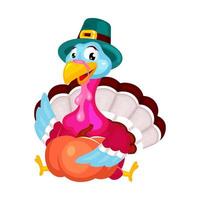 illustration vectorielle plane de thanksgiving. dinde avec chapeau traditionnel. célébration annuelle des vacances d'automne. Pèlerins Turquie avec personnage de dessin animé isolé citrouille sur fond blanc