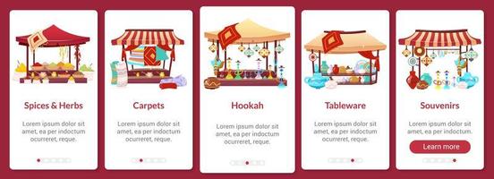 modèle vectoriel plat d'écran d'application mobile d'intégration de bazar. marché de rue asiatique. foire orientale. Procédure pas à pas du site Web avec des personnages isolés sur blanc. interface de dessin animé pour smartphone ux, ui, gui