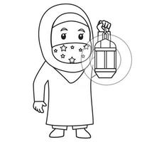 une fille musulmane utilise une chemise bleue et un hijab. mettre la lanterne du ramadan dans le mois du ramadan, en utilisant un masque et un protocole sain. illustration de caractère. vecteur