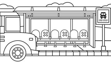 arrêt d'autobus scolaire de fond et autobus scolaire dans l'arrêt de street.bus et beaucoup de chaise pour les enfants. illustration d'enfants de fond. vecteur