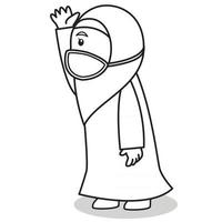 une fille musulmane utilise une robe rose et un hijab musulman traditionnel. heureux dans eid mubarak ou eid al fitr, à l'aide d'un masque et d'un protocole sain. illustration de caractère. vecteur