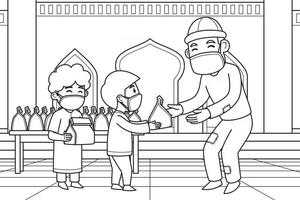jour de distribution de shadaqah par des enfants aux pauvres dans la cour d'une mosquée. vecteur. livre de coloriage. vecteur