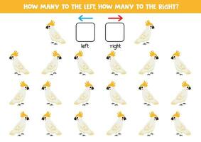 la gauche ou droite avec mignonne dessin animé calopsitte oiseau. logique feuille de travail pour enfants d'âge préscolaire. vecteur