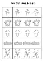 trouver deux le même des bois éléments. noir et blanc feuille de travail. vecteur