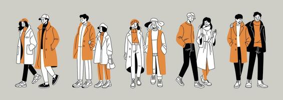 couple amoureux dans l'automne mode dans minimal style vecteur illustration ensemble