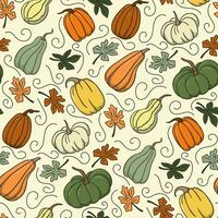 confortable l'automne citrouilles modèle sur blanc Contexte. vert, blanc, Orange et marron dessin animé citrouilles. mignonne conception pour emballage, décoration, Accueil décor, des gamins textile vecteur