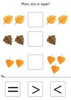 feuille de travail éducative pour les enfants. jeux pour enfants. pages imprimables pour les enfants d'âge préscolaire. jeu de maths. plus ou moins ou égal. jeu de comptage. ensemble de feuilles d'automne. comparaison pour les enfants vecteur