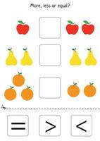 plus ou moins ou égal. jeu de comptage. ensemble de fruits. comparaison pour les enfants vecteur