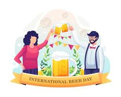 un couple célébrant la journée internationale de la bière avec un toast à la bière. illustration vectorielle vecteur