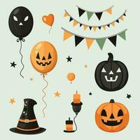 Halloween vecteur éléments ensemble - terrifiant des ballons, citrouilles, drapeaux, bougie, et sorcière chapeau dans vert, orange, et noir