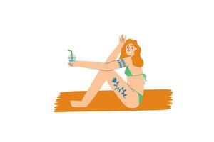 le concept de une femme dans une maillot de bain en buvant une cocktail. vecteur illustration dans plat style