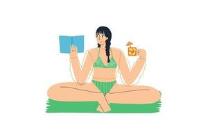 le concept de une femme dans une maillot de bain en buvant une cocktail et en train de lire livre. vecteur illustration dans plat style