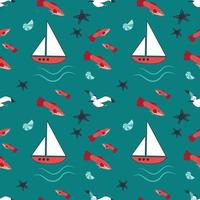 motif marin d'été avec des navires, des vagues, des étoiles de mer, des mouettes et des poissons vecteur