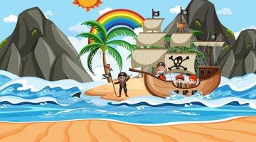 plage avec bateau pirate à la scène de jour en style cartoon vecteur