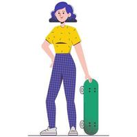 jolie fille avec une planche à roulettes. illustration vectorielle plane vecteur