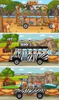 ensemble de scènes de safari avec des animaux et des personnages de dessins animés pour enfants vecteur