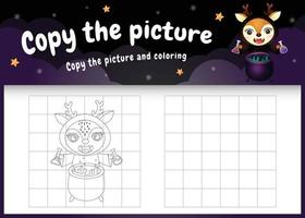 copiez le jeu d'enfants et la page de coloriage avec un cerf mignon en utilisant le costume d'halloween vecteur