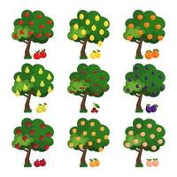 gros ensemble de des illustrations de fruit des arbres. vert fruit arbre plat ensemble. différent des arbres avec mûr des fruits pomme, prune, poire, cerise, citron, orange. vecteur