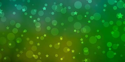toile de fond de vecteur vert clair avec des cercles, des étoiles.