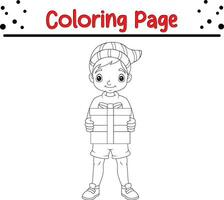 content Noël enfant avec cadeau coloration page pour les enfants. vecteur