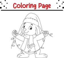 mignonne dessin animé lapin portant Père Noël chapeau et écharpe avec Noël lumières. content hiver Noël thème coloration livre. vecteur