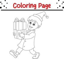 content Noël enfant avec cadeau coloration page pour les enfants. vecteur