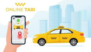 concept de service de taxi en ligne. voiture de taxi jaune et main tenant un smartphone avec application de taxi sur fond de ville. illustration vectorielle dans un style plat vecteur