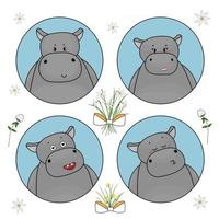 couple d'hippopotames mignons, qui sont amoureux, l'hippopotame mâle fait un baiser virtuel. il y a des fleurs et des nœuds autour des logos vecteur