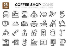 café magasin mince contour Icônes ensemble. le collection comprend Icônes de divers aspects en relation à café magasins, variant de affaires et développement à la programmation, la toile conception, app conception, et plus vecteur
