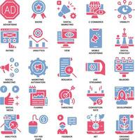 numérique commercialisations, plat deux Couleur et pixel parfait Icônes ensemble. vecteur