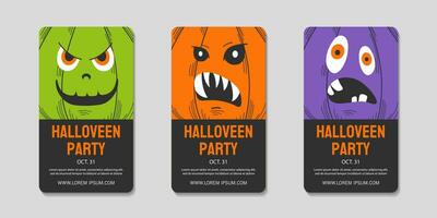 Halloween fête vecteur prospectus avec monstre mignonne et effrayant visages. Halloween horreur nuit un événement inviter cartes ensemble. multicolore citrouilles vecteur plat illustration.