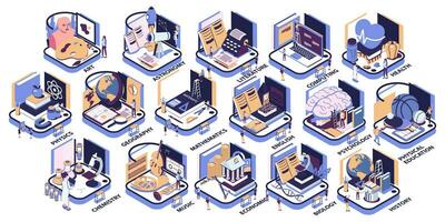 école sujets ensemble. les sciences, la musique et art cours. géographie, la physique, histoire, mathématiques, astronomie, la biologie Icônes pour élèves programme d'études. coloré plat vecteur illustration isolé sur blanc Contexte