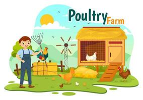 la volaille ferme vecteur illustration avec poulets, coqs, paille, cage et Oeuf sur paysage de vert champ Contexte dans plat dessin animé conception