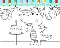 coloration livre de marrant crocodile dans anniversaire faire la fête. vecteur dessin animé illustration