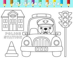 coloration livre de mignonne ours flic sur police voiture avec circulation élément. vecteur dessin animé illustration