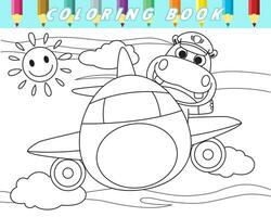 coloration livre de mignonne hippopotame sur avion. vecteur dessin animé illustration