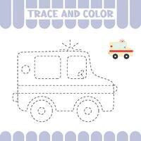 trace ambulance. tracé éducatif page pour enfants. écriture entraine toi activité feuille de travail pour enfants d'âge préscolaire vecteur