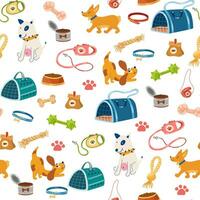 animal de compagnie magasin assortiment, chiens accessoires sans couture modèle. chiens de différent races. articles pour national animaux domestiques, des lits, animal nourriture, jouets, transport, colliers et alimentation. vecteur illustration.